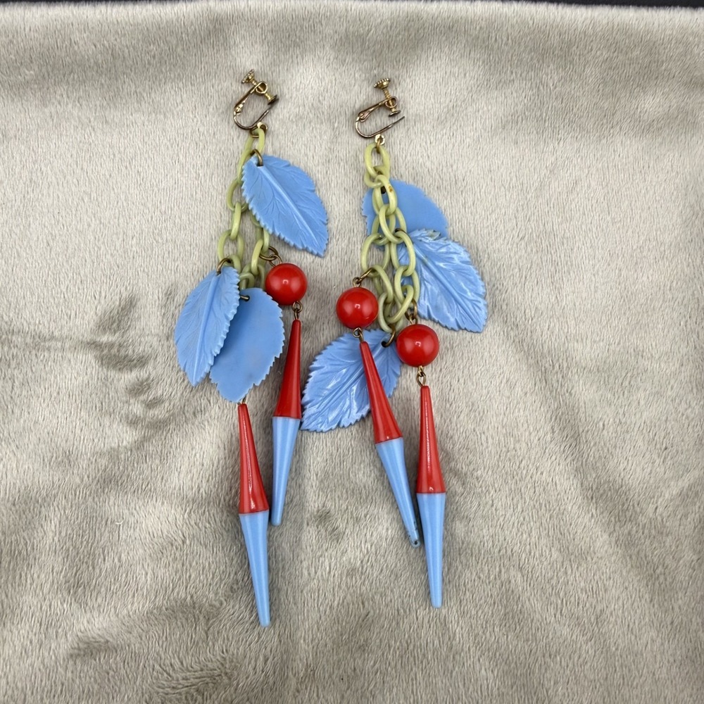 Vintage Estate Clip On Earrings Blue Red Acrylic Dangle Leaf Retro Drop